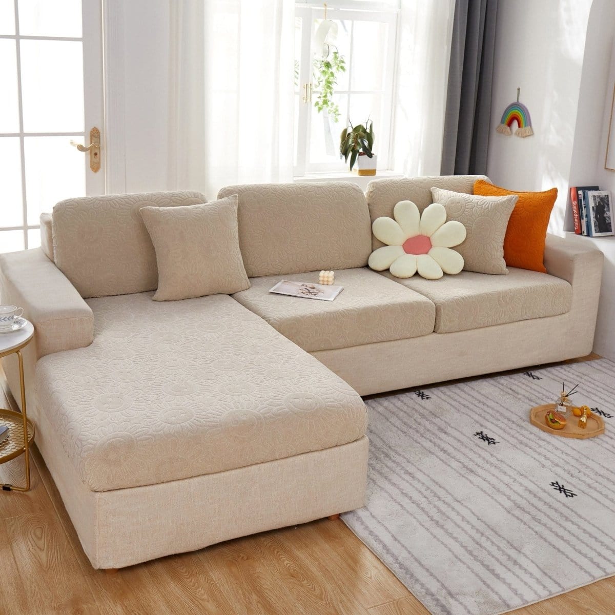 Beige - Housse polaire pour Coussin d'assise et dossier de Canapé - Motif Sun flower La Maison des Housses