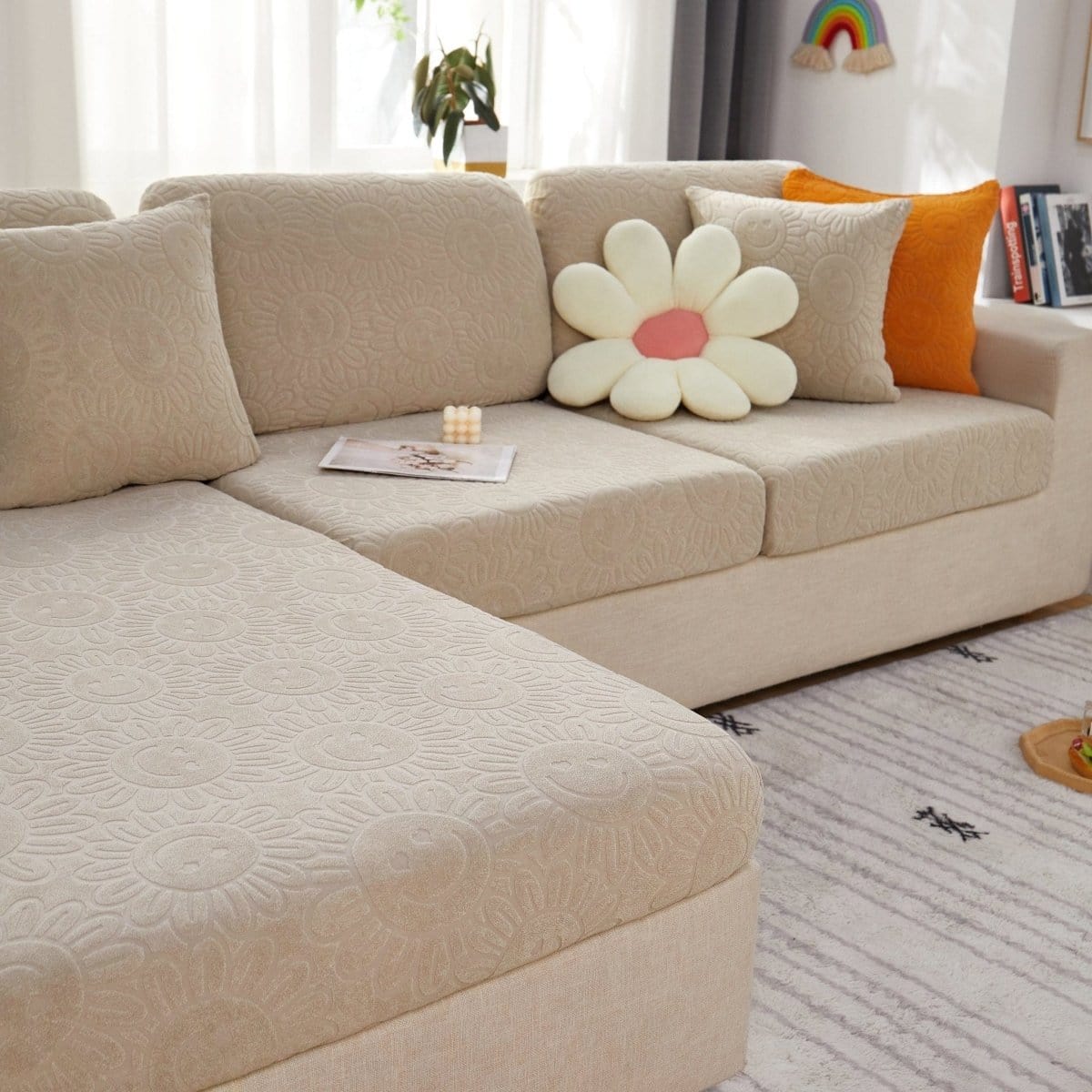 Beige - Housse polaire pour Coussin d'assise et dossier de Canapé - Motif Sun flower La Maison des Housses