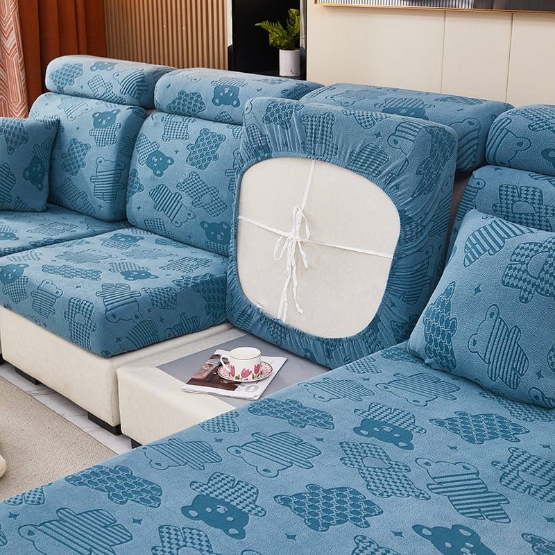 Bleu - Housse polaire pour Coussin d'assise et dossier de Canapé - Motif Bear La Maison des Housses