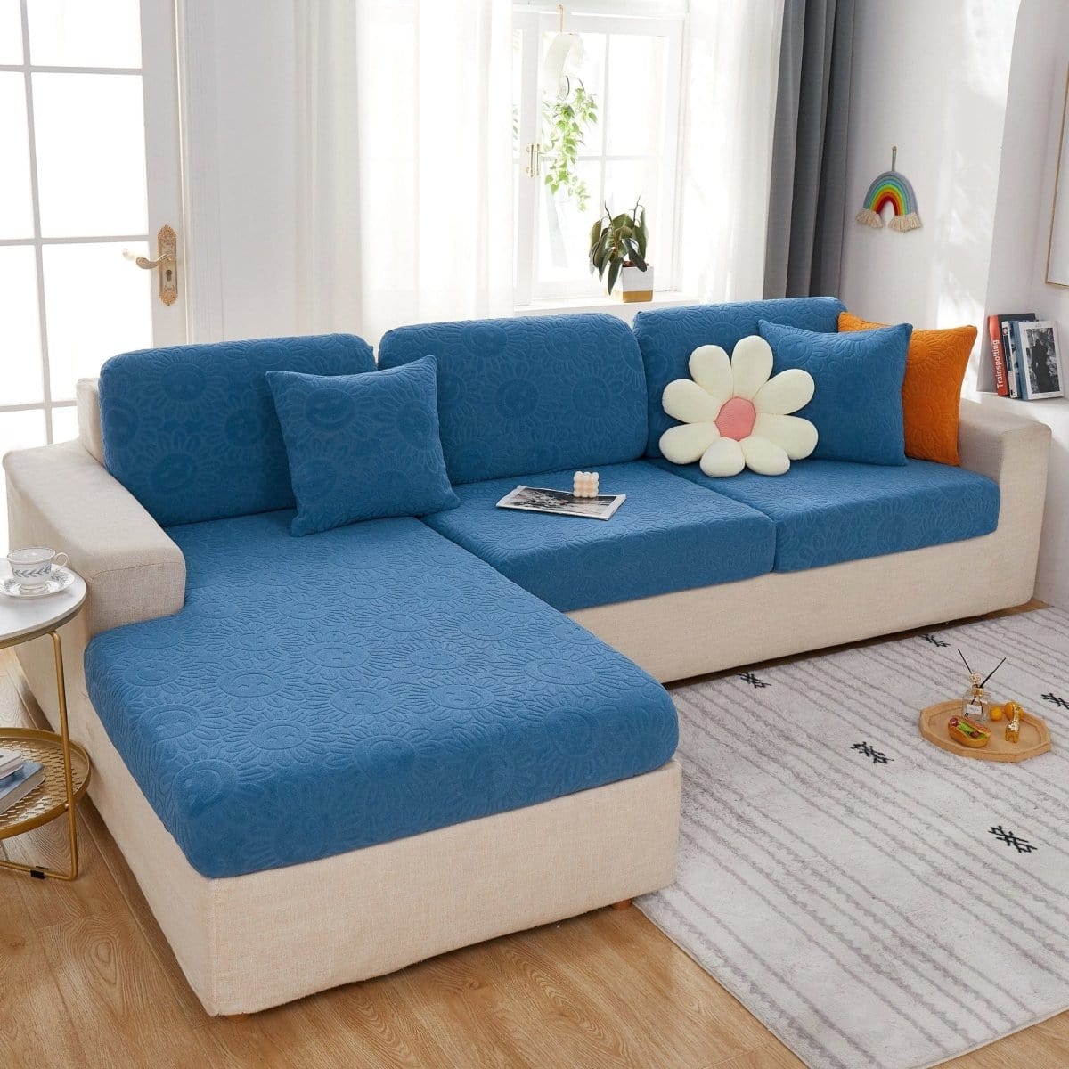 Bleu - Housse polaire pour Coussin d'assise et dossier de Canapé - Motif Sun flower La Maison des Housses