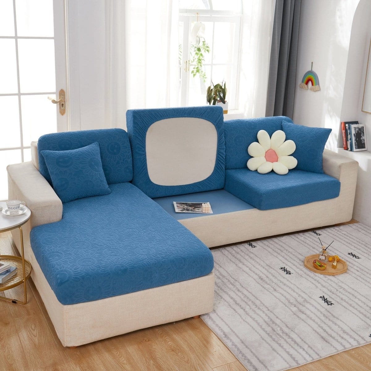 Bleu - Housse polaire pour Coussin d'assise et dossier de Canapé - Motif Sun flower La Maison des Housses