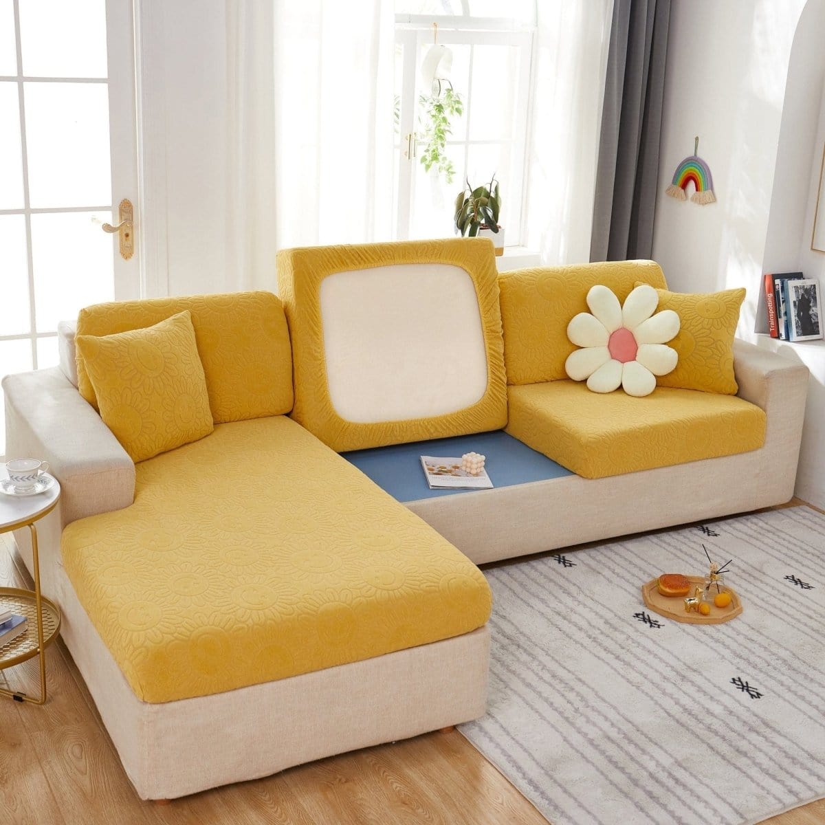 Jaune - Housse polaire pour Coussin d'assise et dossier de Canapé - Motif Sun flower La Maison des Housses