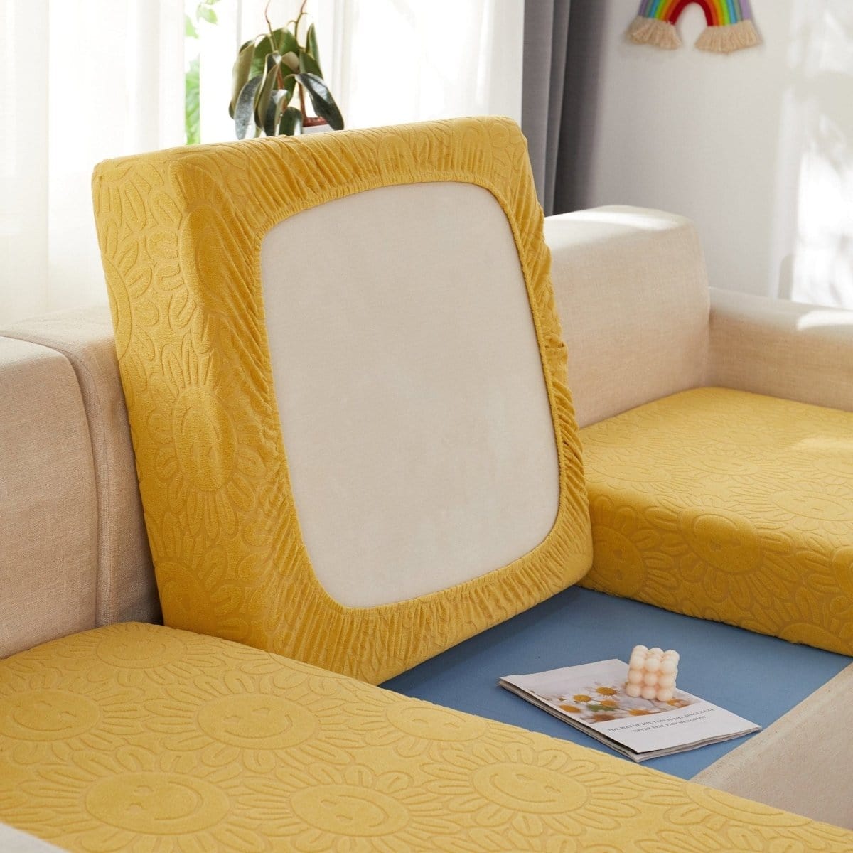 Jaune - Housse polaire pour Coussin d'assise et dossier de Canapé - Motif Sun flower La Maison des Housses