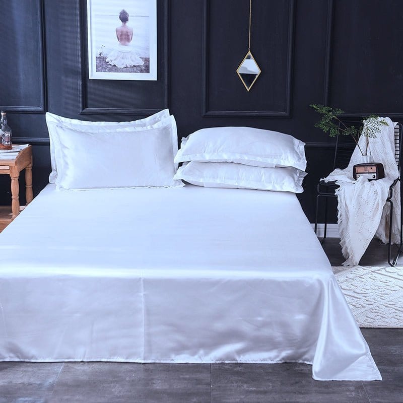 Parure de lit Blanc type satin - Drap housse / Housse de couette / 2 taies d'oreiller La Maison des Housses