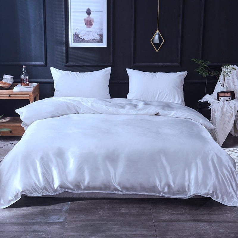 Parure de lit Blanc type satin - Drap housse / Housse de couette / 2 taies d'oreiller La Maison des Housses