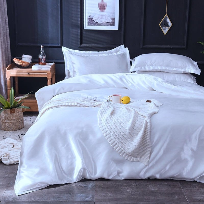 Parure de lit Blanc type satin - Drap housse / Housse de couette / 2 taies d'oreiller La Maison des Housses