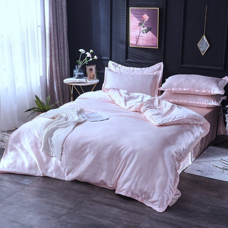 Parure de lit Rose clair type satin - Drap housse / Housse de couette / 2 taies d'oreiller La Maison des Housses