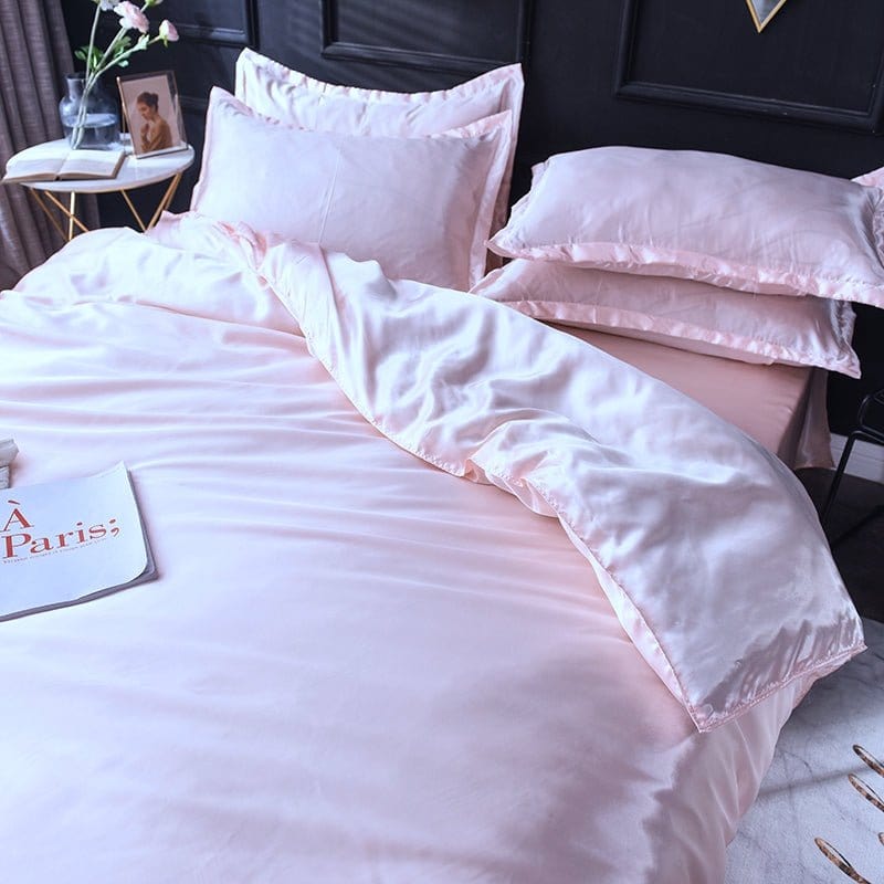 Parure de lit Rose clair type satin - Drap housse / Housse de couette / 2 taies d'oreiller La Maison des Housses