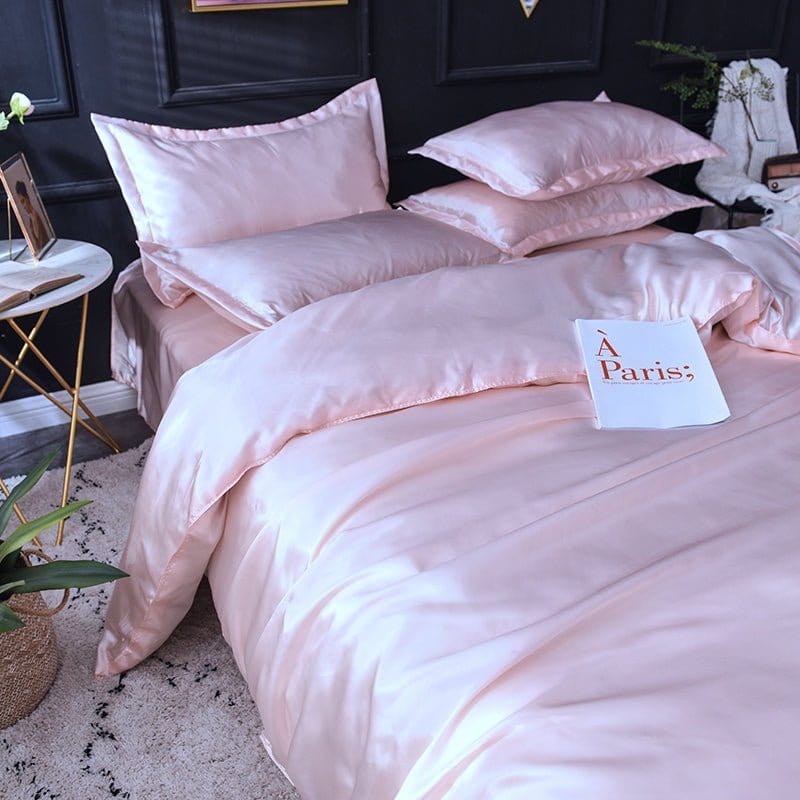 Parure de lit Rose clair type satin - Drap housse / Housse de couette / 2 taies d'oreiller La Maison des Housses