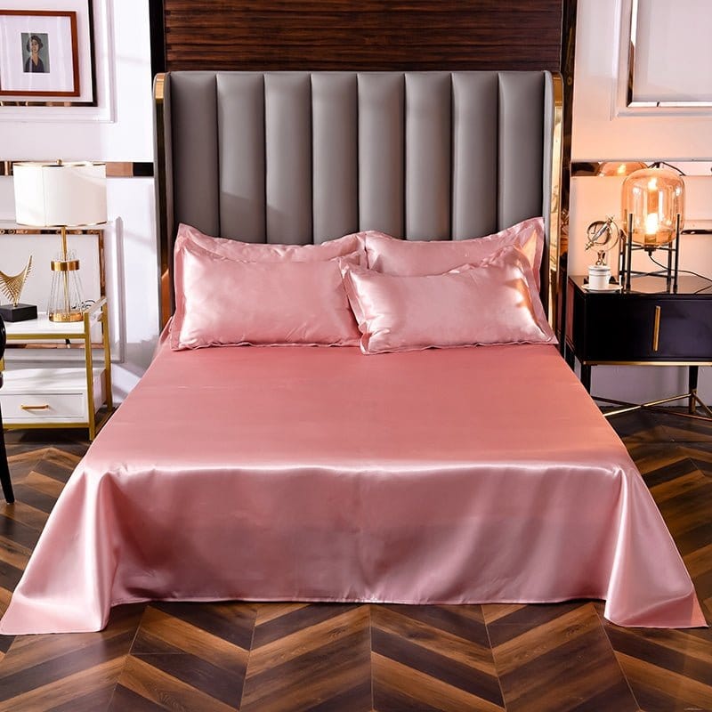 Parure de lit Rose pêche type satin - Drap housse / Housse de couette / 2 taies d'oreiller La Maison des Housses