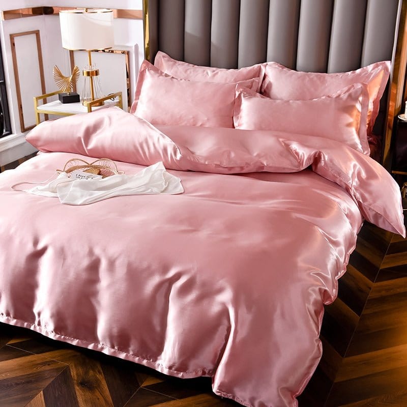 Parure de lit Rose pêche type satin - Drap housse / Housse de couette / 2 taies d'oreiller La Maison des Housses
